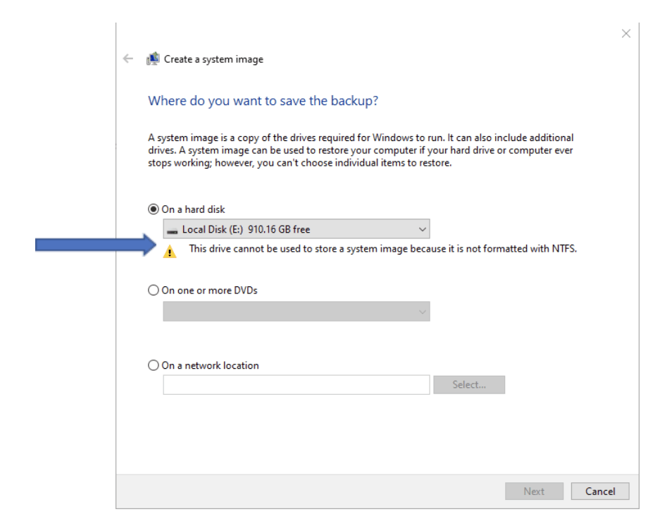 Creating a Windows Backup Image external not formatted