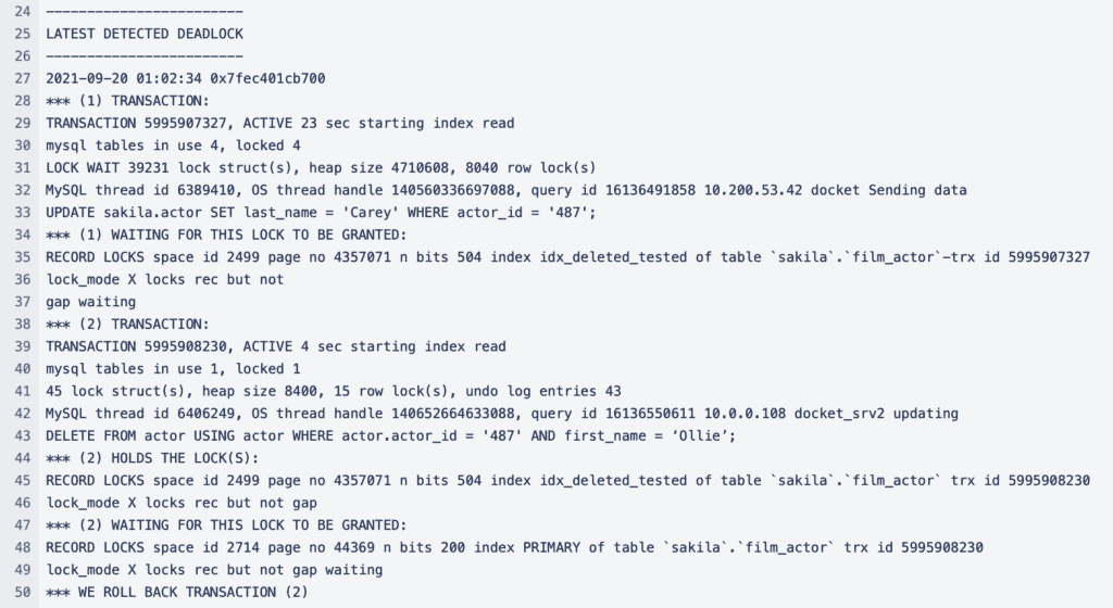 MySQL Deadlocks InnoDB Engine latest detected deadlock output