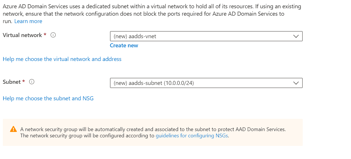 Setting up Azure AD DS networking page
