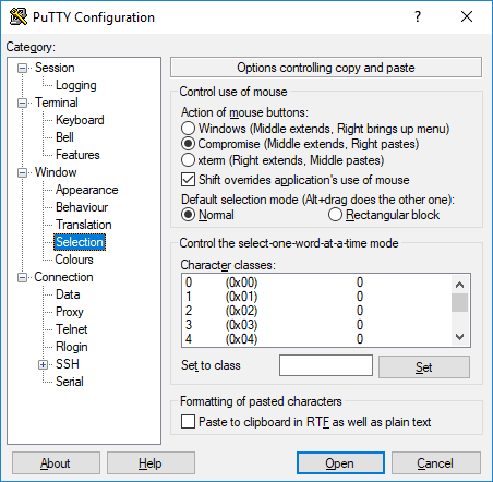 putty configuration selection