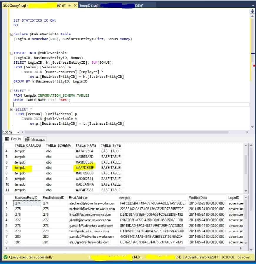 table variables tempdb